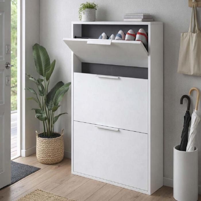 Meuble à Chaussures Olant 65x106h cm en bois 3 Portes Blanc Laqué Meuble à Chaussures Olant 65x106h cm en bois 3 Portes Blanc Laqué