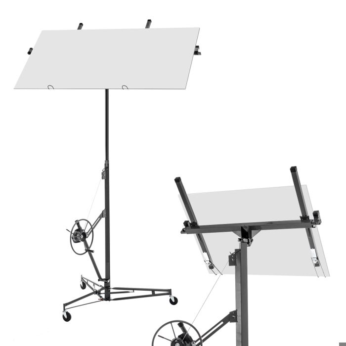 Lève-plaques de plâtre pliable : Pour plaques jusquà 68 kg hauteur réglable 180-470 cm 3 roues avec frein inclinaison 60° Gri