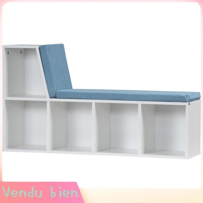 LIA Bibliothèque banc 2 en 1 5 compartiments 2 coussins blanc/bleu 108x30x60cm