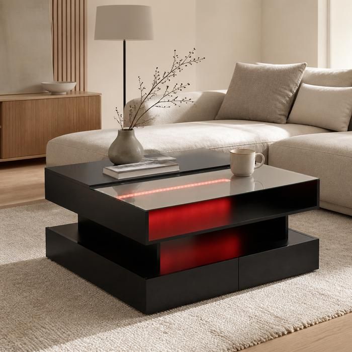 Table basse - Zephmum - 80x80x45 cm réglable 2 tiroirs LED verre trempé noir