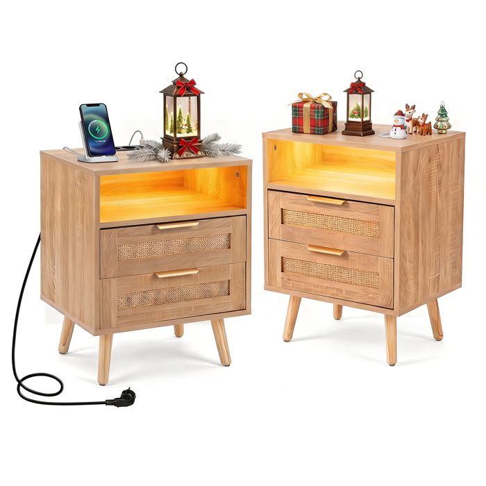COSTWAY Lot de 2 Table de Chevet Bois en Rotin avec Prise 2 Tiroirs Compartiment Ouvert Style Bohème pour Chambre Salon COSTWAY Lot de 2 Table de Chevet Bois en Rotin avec Prise 2 Tiroirs Compartiment Ouvert Style Bohème pour Chambre Salon