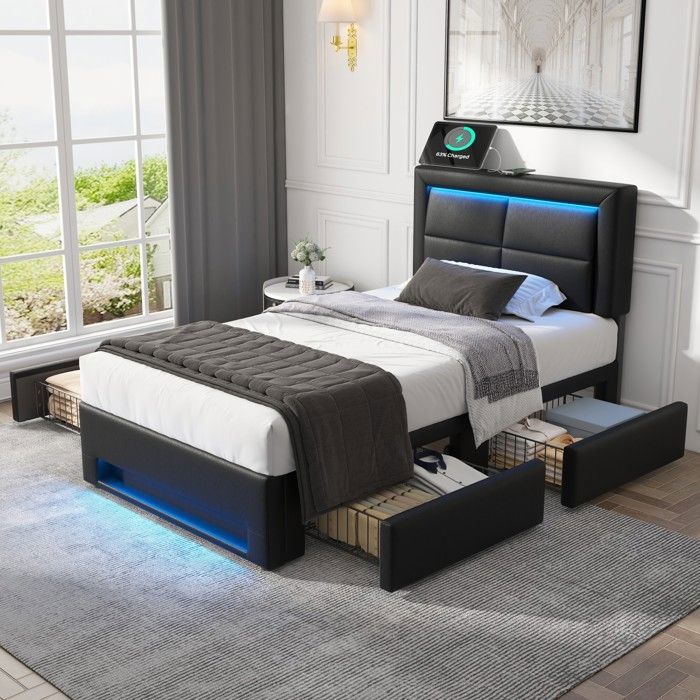 Lit simple 90x200 cm lit coffre USB en LED 4 tiroirs à roulettes 5cm sommier à lattes pour enfant/adult pu noir
