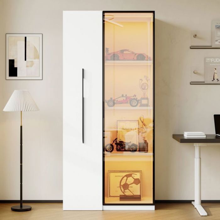 Buffet vitrine déco 160 cm mobile avec roulettes cadre aluminium éclairage LED porte vitrée et tiroir latéral