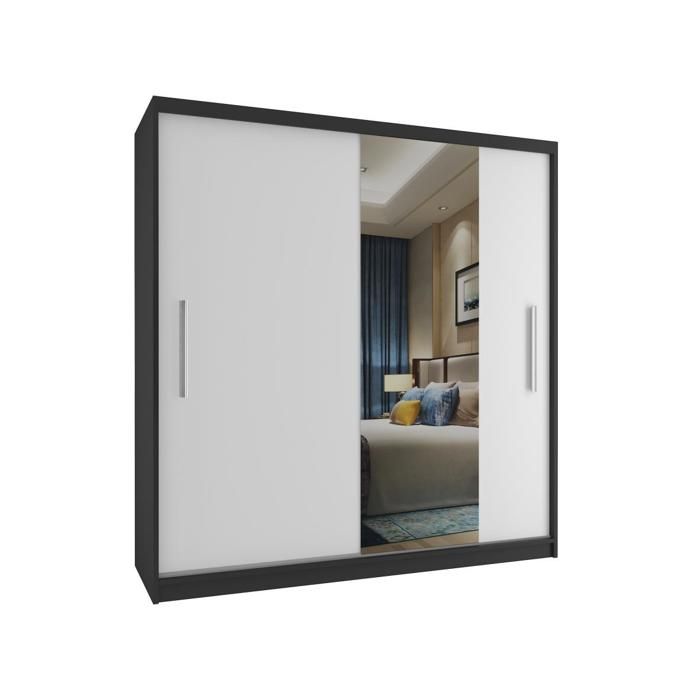 BELINI Grande Armoire 2 Portes Coulissantes VERONA MSE 158 cm - Noir / Blanc Mat - Miroir Intégré & Tringle - Chambre Adulte