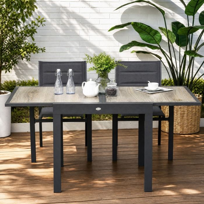 Table de jardin extensible 80/160 x 80 x 75 cm en aluminium plateau aspect bois beige et gris 6 personnes
