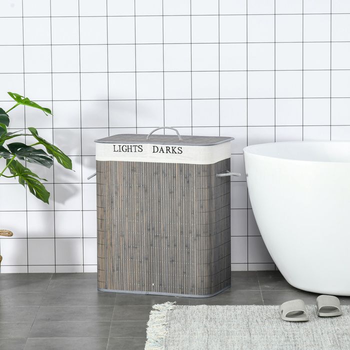 Panier à linge en bambou 100 L gris couvercle amovible sac à 2 compartiments 52 x 32 x 63 cm