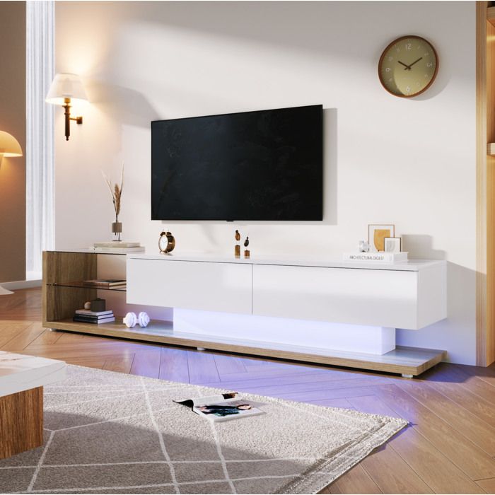 ROVRYN meuble TV 170 cm blanc brillant et décor bois avec LED intégrée 2 tiroirs et 2 étagères en verre