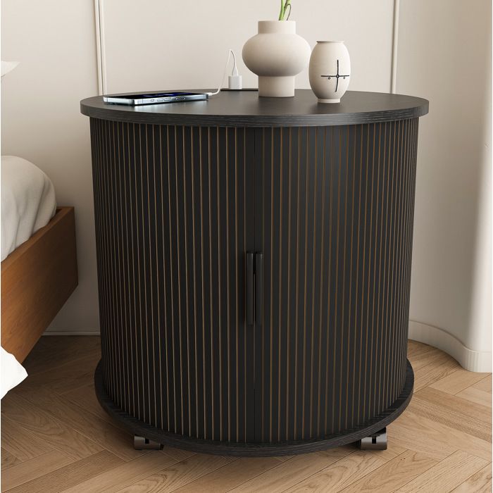 COVREO Table de chevet cylindrique 60 x 60 x 60 cm avec station de charge porte coulissante MDF noir