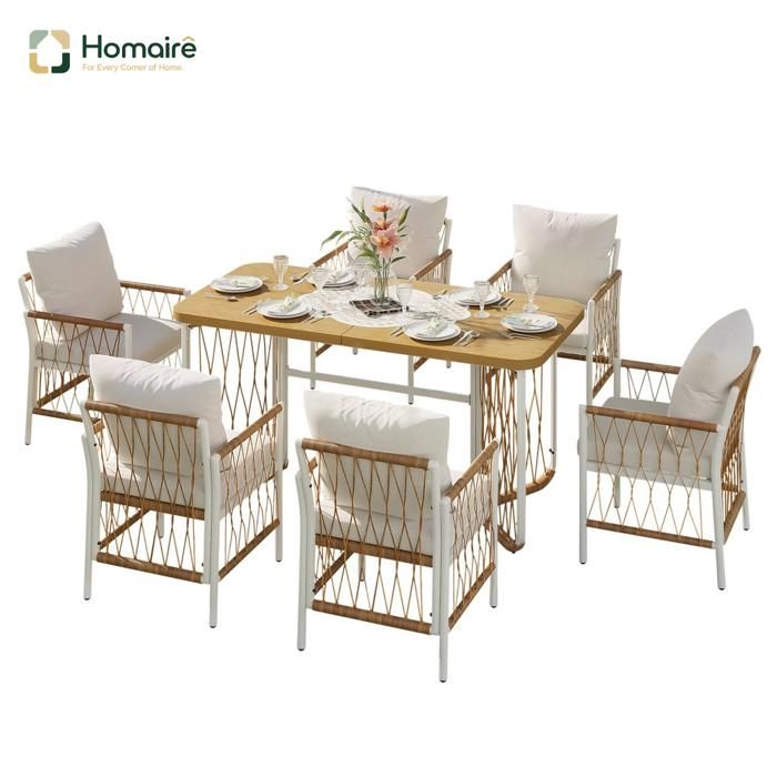 Ensemble de repas de jardin en rotin à 6 places avec table effet bois chaises rembourrées cadre fer blanc pour patio terra