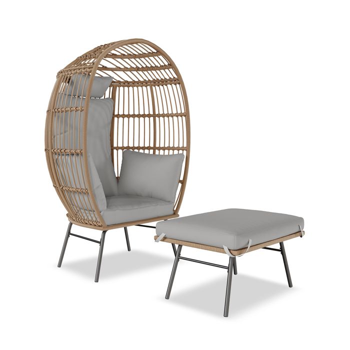 Fauteuil œuf en osier avec repose-pieds - Chaise longue de patio en rotin résistant - Montage rapide - Gris