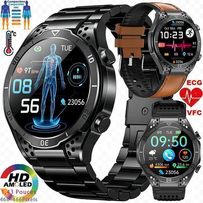 Montre Connectée ECG XtraDiTech Cardiofréquencemètre Thermomètre Moniteur Santé Multifonction Écran AMOLED Appel 3 Bracelets