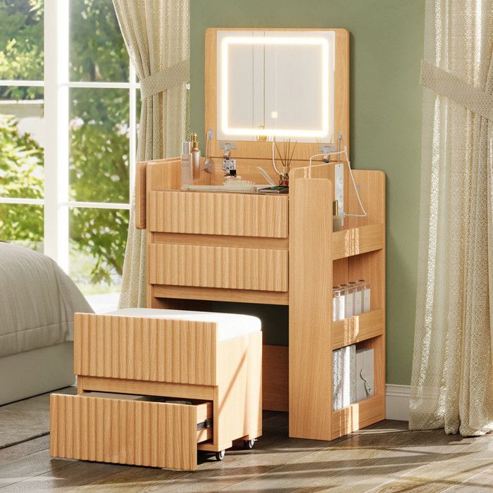 Bladez - Coiffeuse avec miroir rabattable à LED - 2 prises électriques 3 tiroirs et tabouret à roulettes - Bois