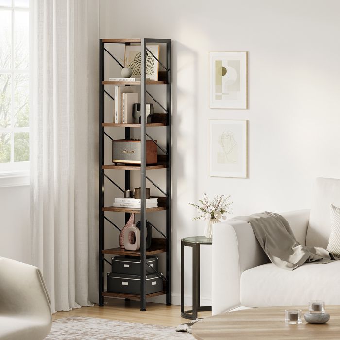 KOIOPLIE Bibliothèque étroite et haute 6 niveaux 168 cm étagère ouverte verticale style industriel cadre métal noir plateaux Retro