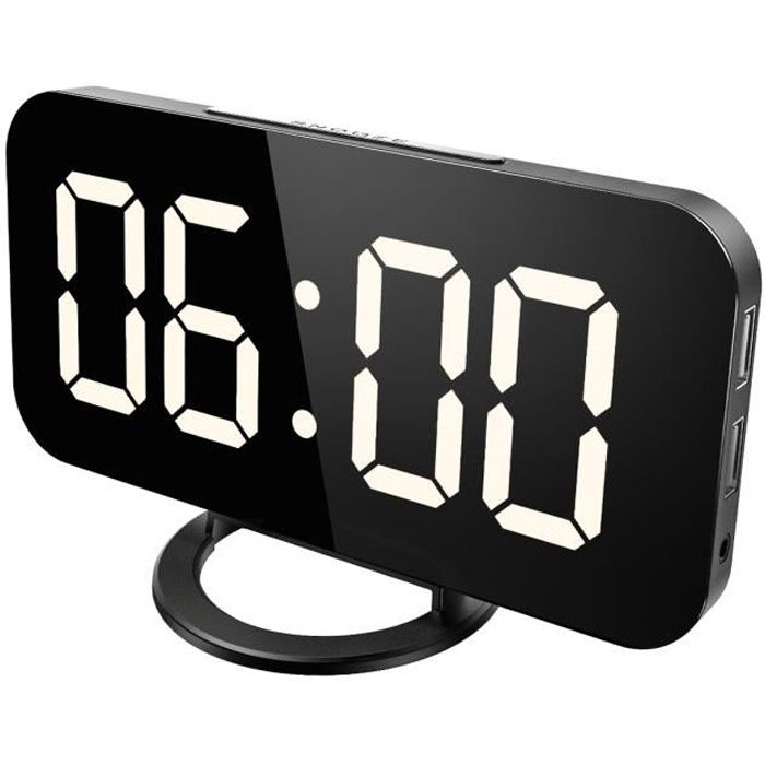 Alarme Miroir Portable avec Double Alarme 12/24 h Réveil Numérique Noir 5 Niveaux de Luminosité Grande Horloge Numérique LED avec Affichage De la Température et de l'humidité Port de Charge USB