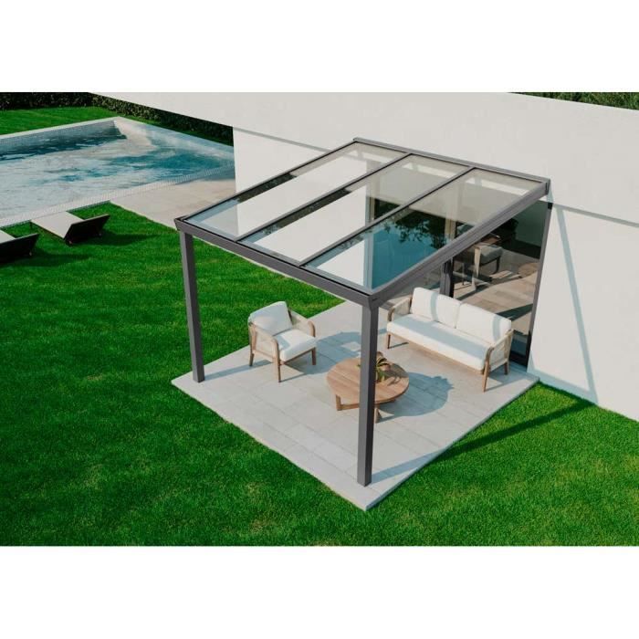 Abri de terrasse adossé Expert Terrando 3x2.5m en aluminium blanc avec toit en verre VSG de 8mm