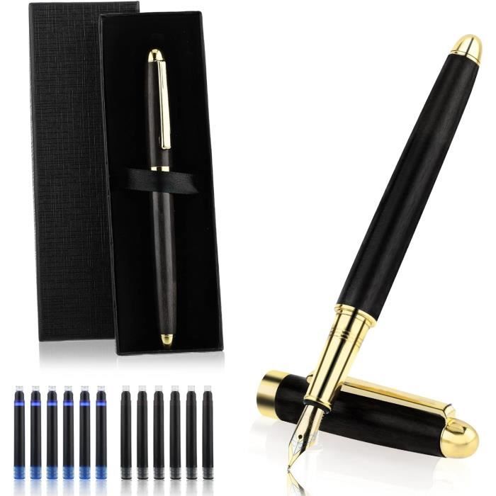 Lot 3 Stylos-Plume Vintage Bois Luxe – Pointe 0,5 Mm + 12 Cartouches Encre – Calligraphie, Journal, École
