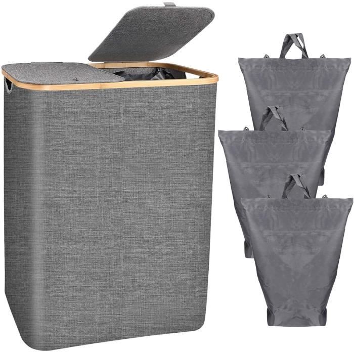 Panier à Linge Pliable Avec Couvercle - 110L, Tissu Oxford, 2 Sacs Amovibles, Gain De Place (beige)