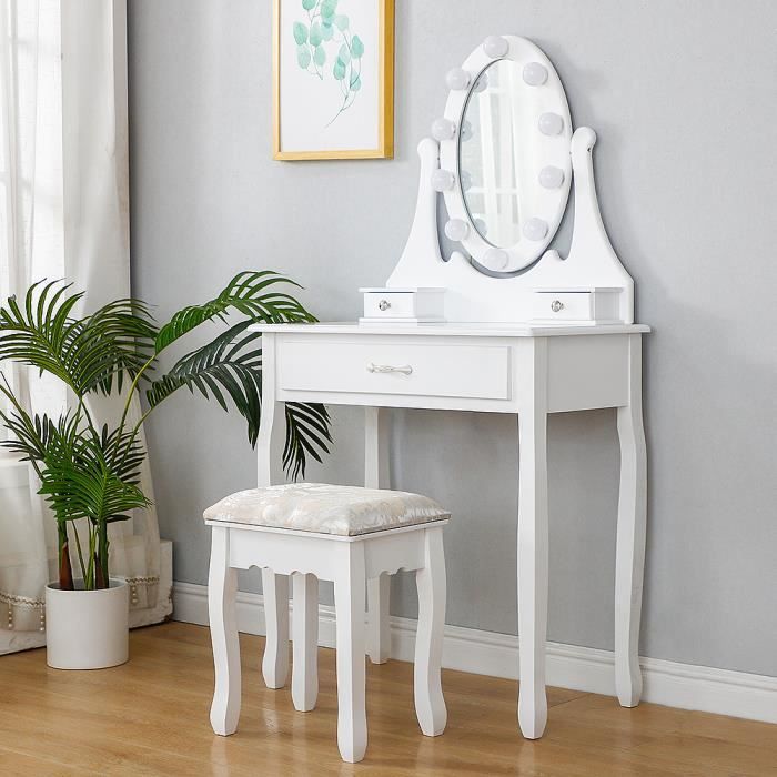 coiffeuse meuble table de maquillage avecmiroir ovale et lampe a led tabouret 3 tiroirs blanc cdiscount maison