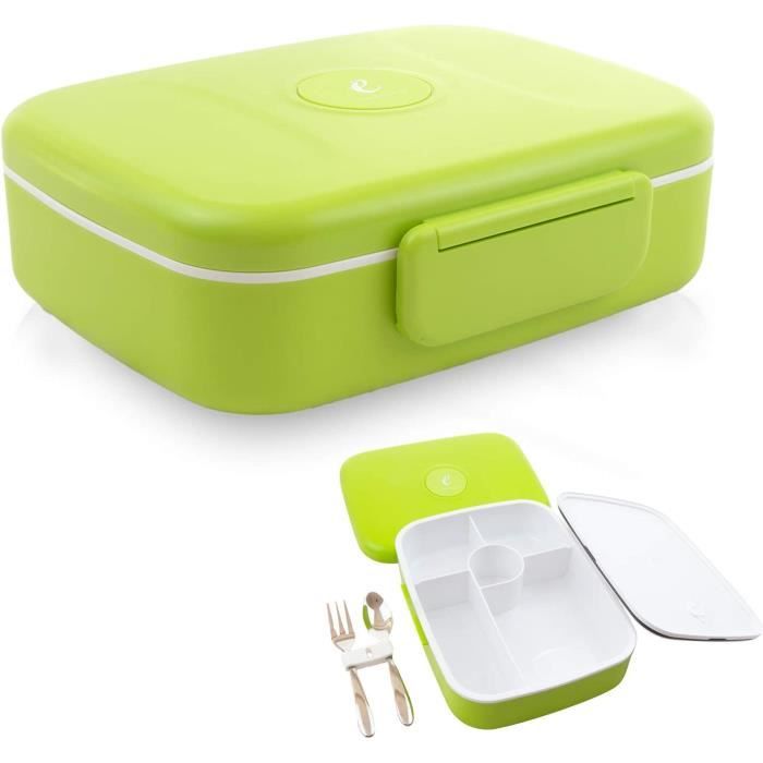 Bento Lunch Box étanche 5 Compartiments Blanc Vert Couverts en Acier