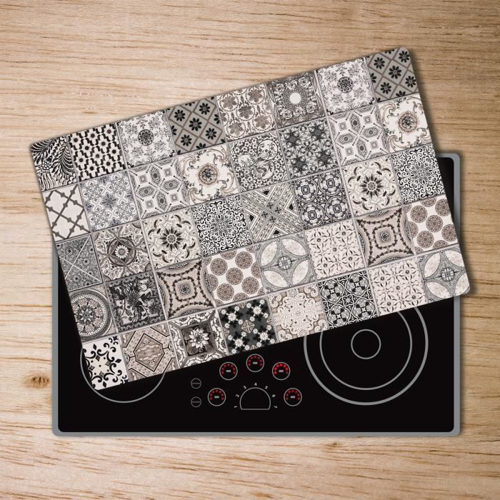 Tulup Glass Planche ? découper avec couvercle protecteur pour cuisine résistant chaleur 80x52 cm - „Carreaux De Céramique”