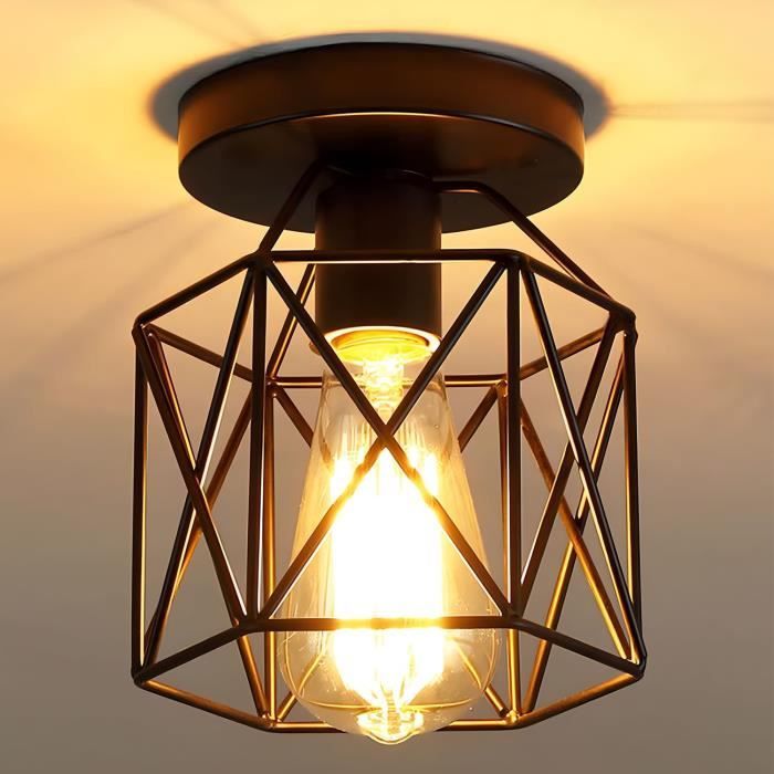 Plafonnier Industriel Noir 3 Lampes E27 – Luminaire Métal Carré Rétro 30 Cm Pour Salon, Cuisine, Couloir