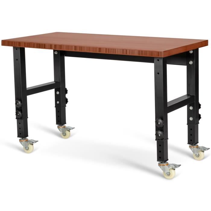 COSTWAY Établi de Travail avec Roues 120x60x77-101CM Hauteur Réglable sur 11 Niveaux Plateau en Bambou et Cadre en Métal , Café