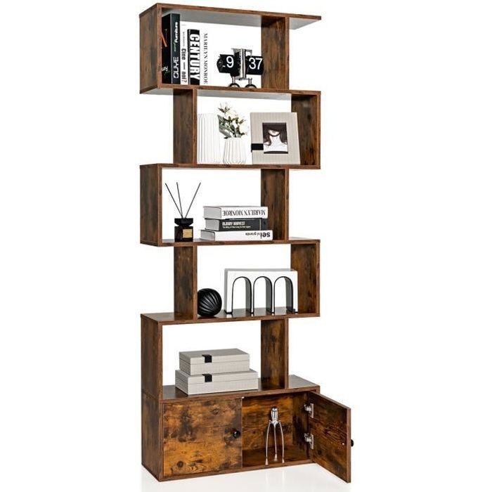 COSTWAY Bibliothèque à 6 Niveaux avec 2 Portes-70 x 23 x 183 CM-Étagère de Rangement en Bois Forme en S-Style Industriel-Marron