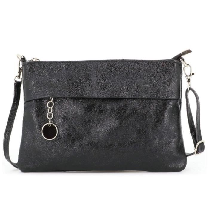 Sac Pochette Bandouliere Cuir Veritable Italie Irise Double Tree Noir NOIR Cdiscount Bagagerie Maroquinerie