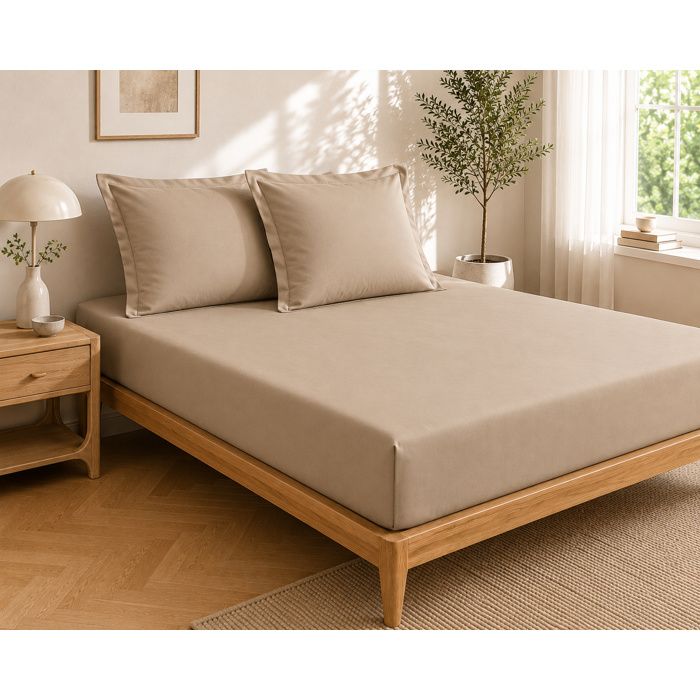 Parure Drap Housse Hôtel 140 x 190 cm + 2 Taies 63 x 63 cm Percale 78 Fils Beige