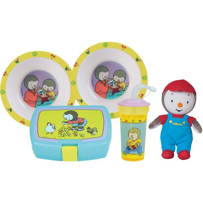 Lot vaisselle - FUN HOUSE - TCHOUPI - 2 assiettes creuses Ø 16 cm boîte à goûter gourde paille et peluche 18 cm