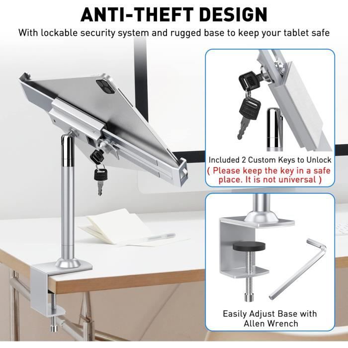 Support Kiosque Antivol Pour IPad 9.7-13" - Rotation 360°, Hauteur Réglable 21-34cm - Acier/aluminium, Noir - 6