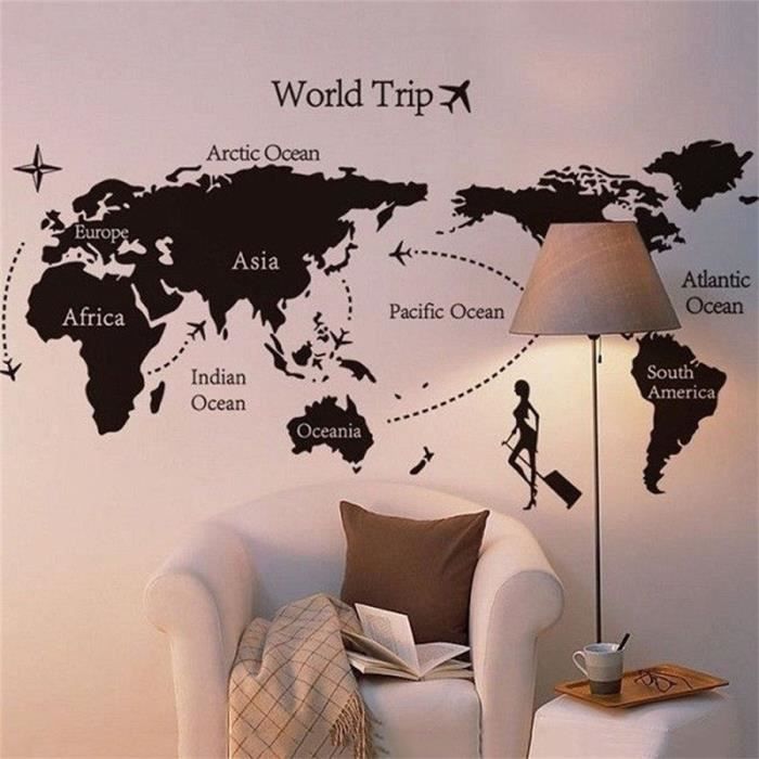 Sticker mural carte du monde GETEK - Décoration murale de style pour les amateurs de voyage - Noir