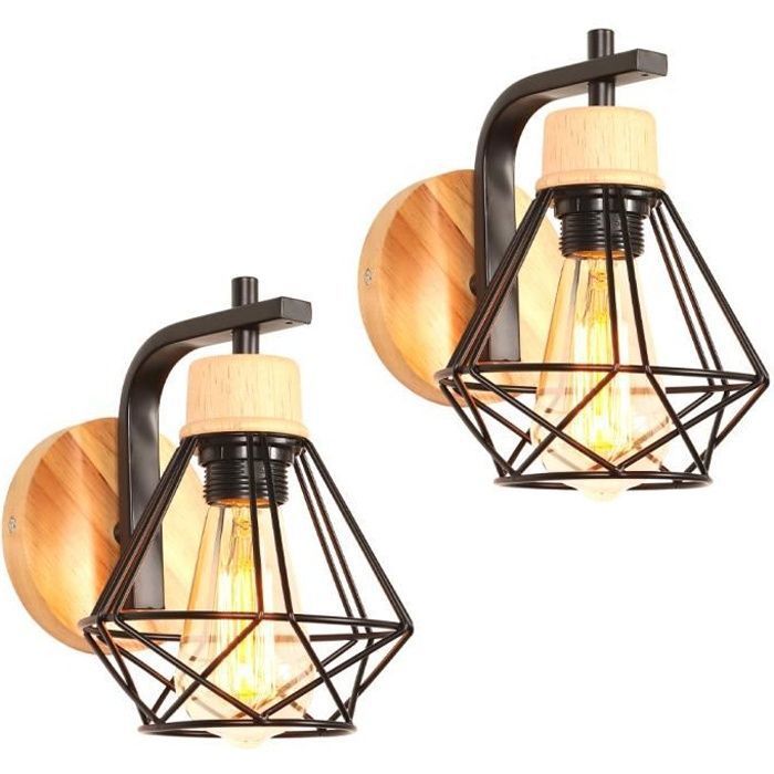IDEGU 2PCS Applique Murale Industrielle 16CM Vintage Lampe Murale Interieur en Fer Bois Decoration Rétro pour Chambre Salon