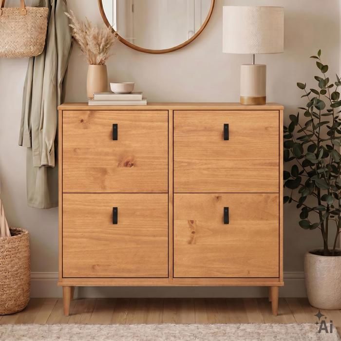 Meuble à chaussures MIKKA en bois étagère à chaussures bois rangement avec 4 abattants en pin massif couleur chêne Meuble à chaussures MIKKA en bois étagère à chaussures bois rangement avec 4 abattants en pin massif couleur chêne
