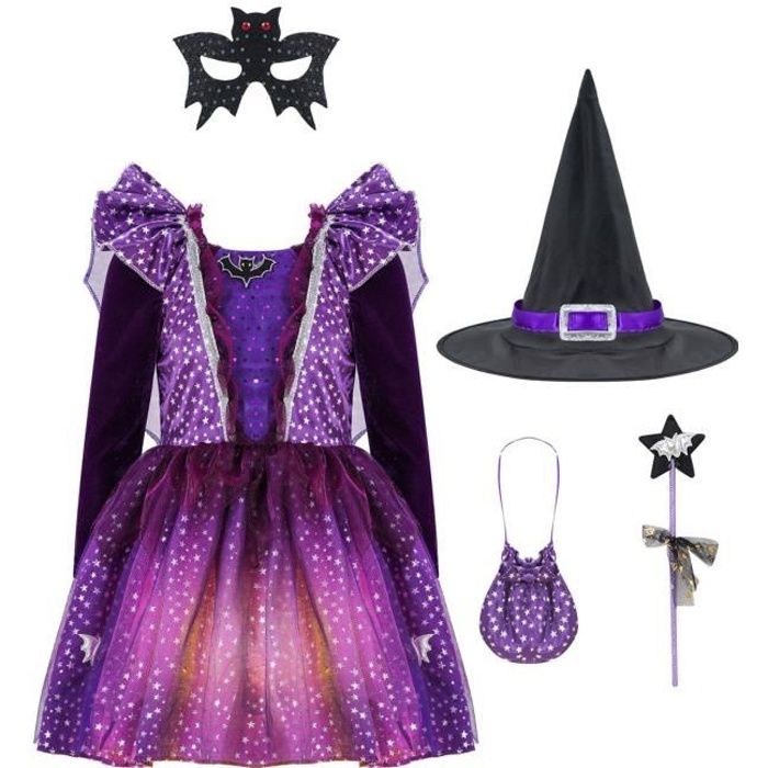 Robe Halloween Pour Fille Taille 6 Ans - Smockée, Motifs Chat/fantôme, Orange/violet, Occasion Très Bon état