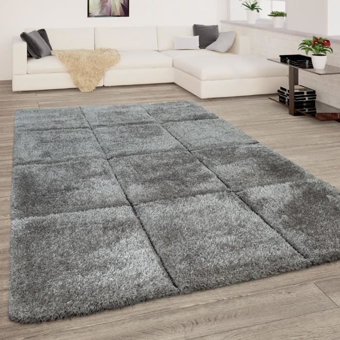 tapis salon gris anthracite doux poils longs shaggy moelleux motif carreaux 3d 160x220 cm achat vente tapis cdiscount
