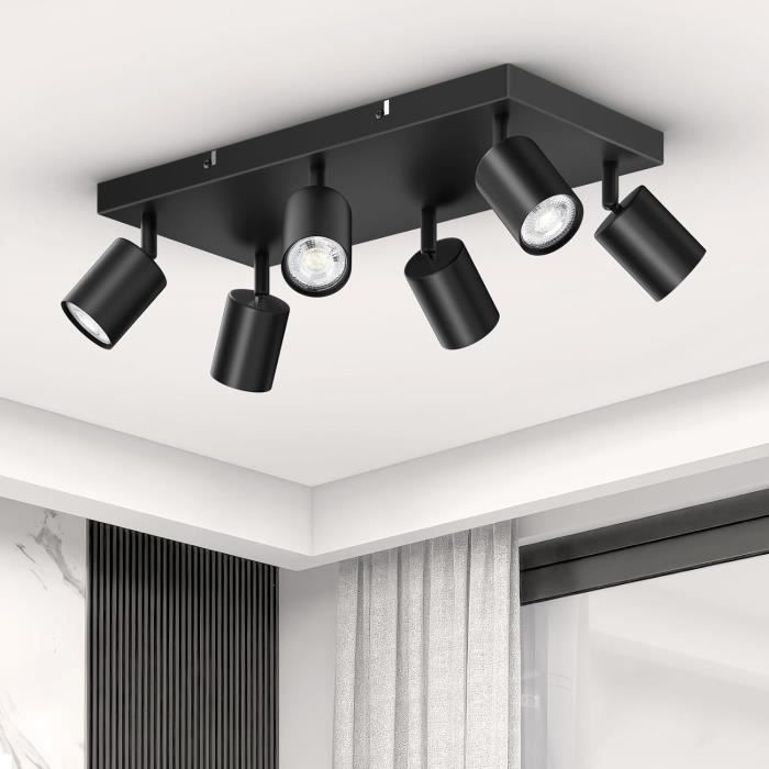 Wowatt Plafonnier LED 6 Spots Orientables Noir - Luminaire Moderne GU10 Pour Cuisine, Salon Et Couloir