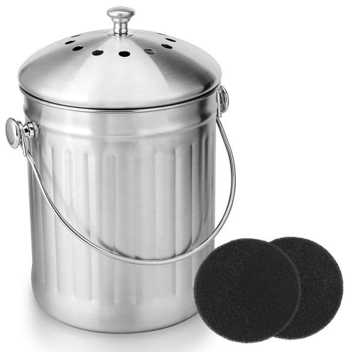 Poubelle à compost 2 en 1 pour intérieur de cuisine 1 gallon beige poignées filtre à charbon inclus Noir idéal pour les restes alimentaires seau en plastique amovible 