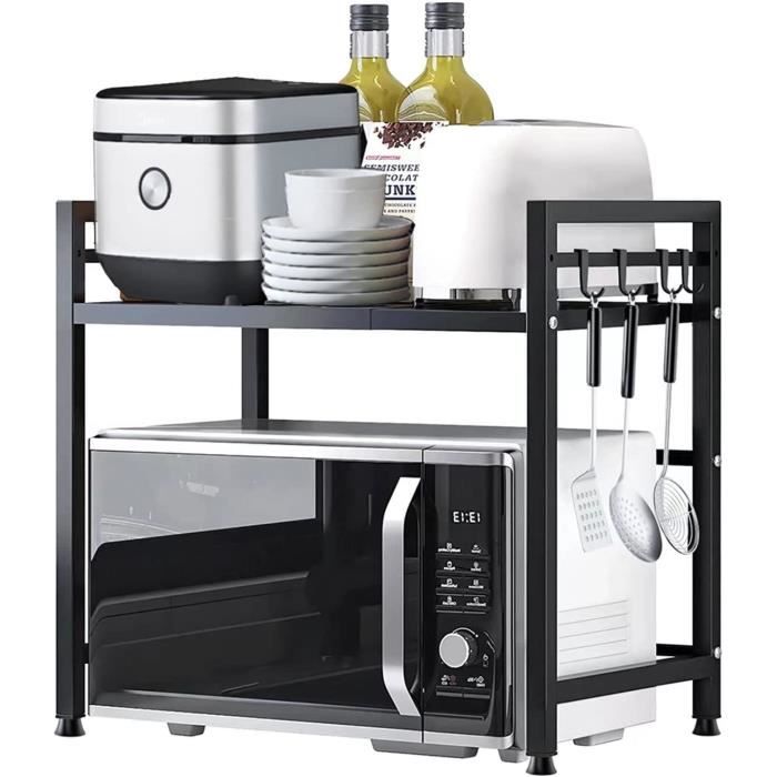 Rangement Plan De Travail Étagère Extensible Micro-ondes 3 Niveaux - Organisateur Cuisine Avec Crochets Acier Carbone 25kg