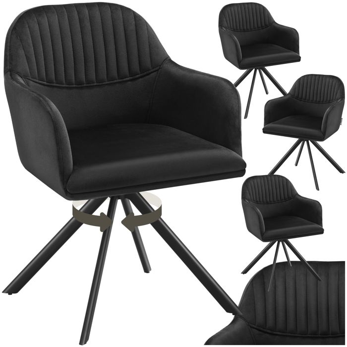 Chaise - TECTAKE - Lot de 4 fauteuils LONA pivotants avec rembourrage épais aspect velours 56 x 59 x 81 cm - Noir/Noir