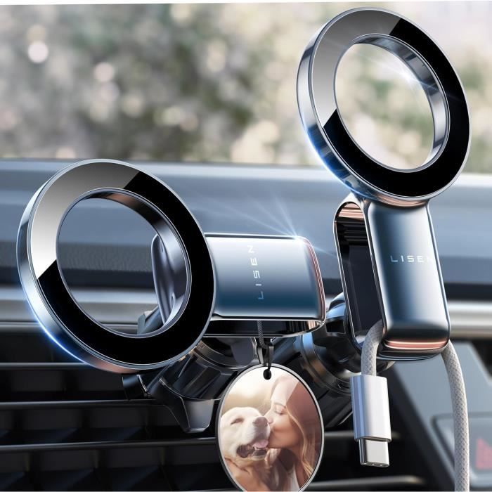 LISEN MagSafe Chargeur de voiture [20 aimants les plus puissants] Chargeur  de voiture sans fil 15 W pour iPhone, support de téléphone magnétique de