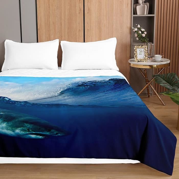 Couvre Lit Matelassée, 3D Requin Imprimé Réversible Doux Microfiber