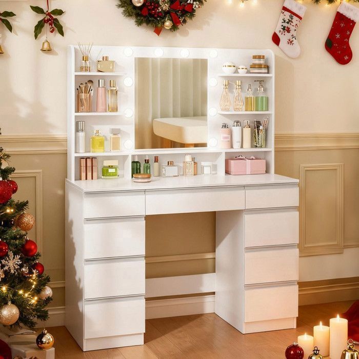 SUTREE Coiffeuse d'angle avec grand iroir HD éclairé - Table de aquillage avec grand espace