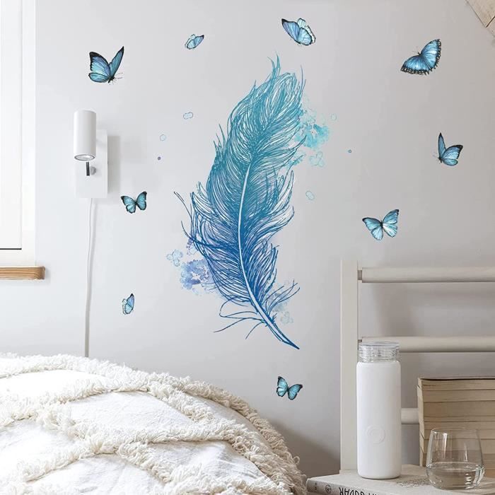 Stickers muraux en plumes bleu (123×71 cm) I sticker mural