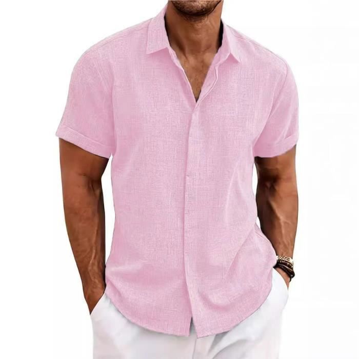 RLEHJN Chemise Homme Rose Manche Courte Chemisette Homme Slim Chemisier Homme Chic Et Élégant Couleur Unie Chemises À Revers Coupe Régulière Chemises Décontractées Grandes Tailles Pas Cher