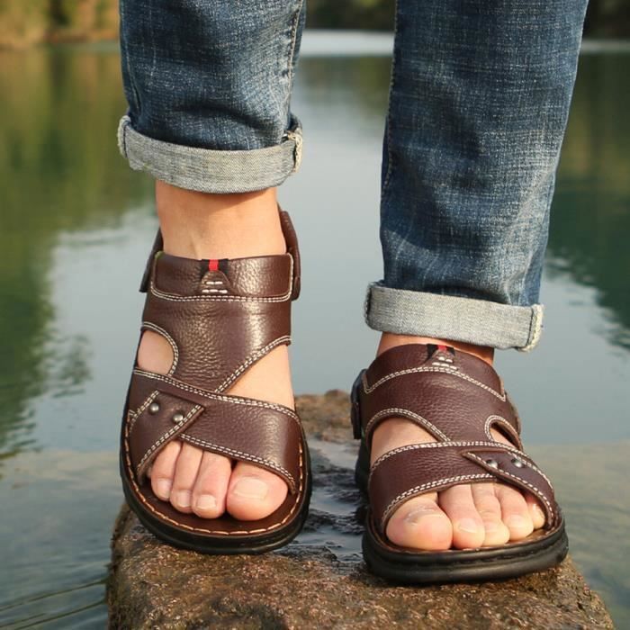 Sandales Hommes Respirantes et Confortables Marron Cuir Plage Antiderapantes Marron Cdiscount Chaussures