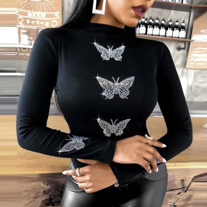 Blouse femme Chemisier noir imprim papillon pour femmes chemise