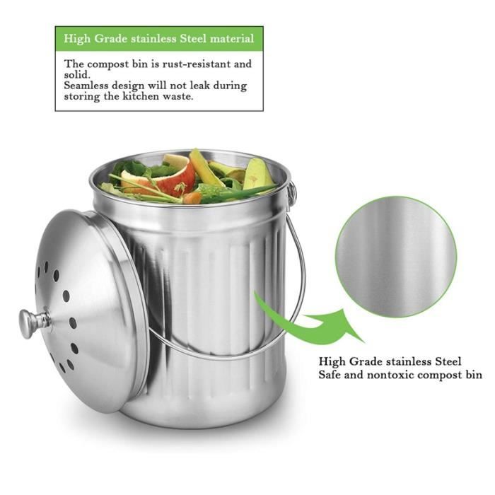 CPDD Bac à Compost Seau à Compost Intérieur en Acier Inoxydable pour  Comptoir de Cuisine Seau à Compost Inodore pour Déchets Alimentaires de  Cuisine avec Poignée de Transport 1,3 Gallon Facile à