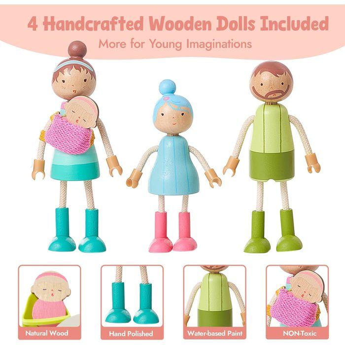 Giant bean Ensemble de meubles de maison de poupée en bois et plastique de 36 pièces, ensemble de 5 avec 4 poupées de famille, accessoires de maison de poupée bleus, jouets de
