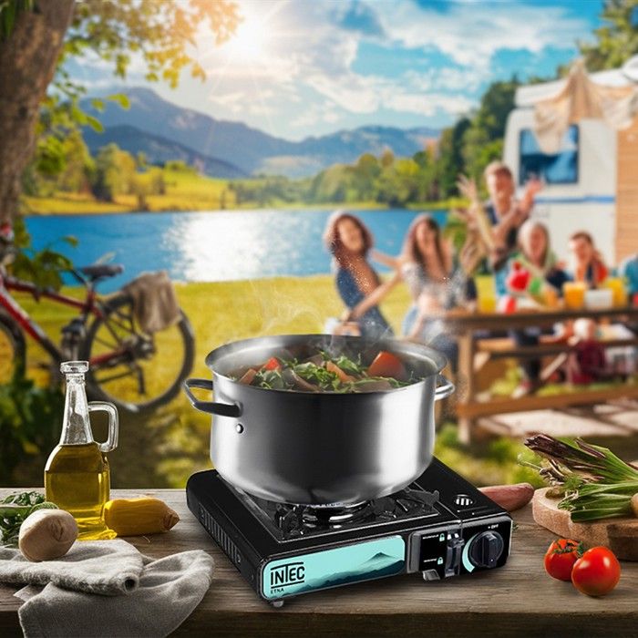 INTEC Réchaud ETNA 2200W + Plaque Plancha + 4 Cartouches – Camping, Rando, Roadtrip, Allumage Piézo